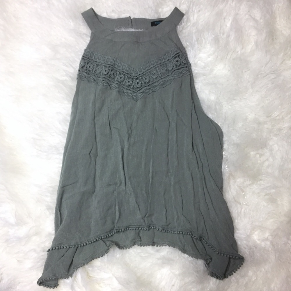 💜 Gauze Halter Swing Tank w/ Pom Pom Crochet 1X